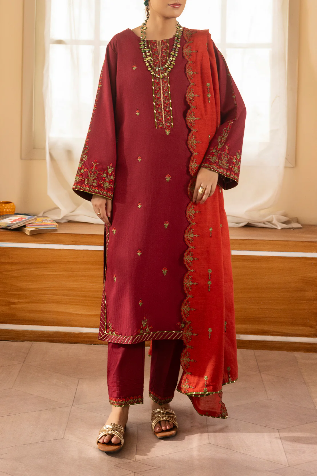 Solid Embroidered Slub Cotton Stitched 2 Piece (Shirt/Trouser)