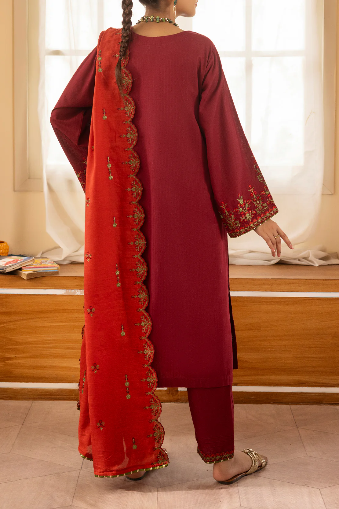 Solid Embroidered Slub Cotton Stitched 2 Piece (Shirt/Trouser) - Image 4