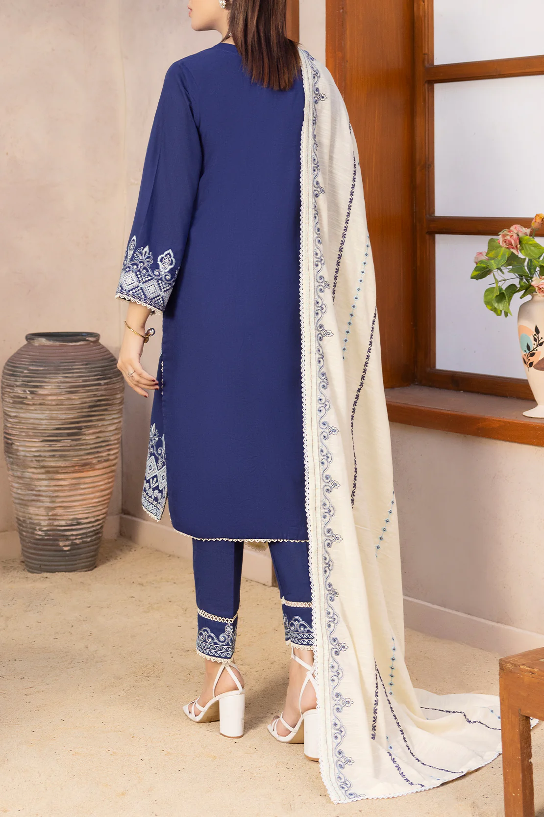 Solid Embroidered Slub Cotton Stitched 3 Piece - Image 6