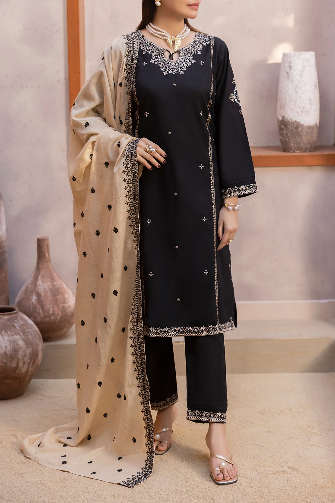 Solid Embroidered Slub Cotton Stitched 3 Piece - Image 3