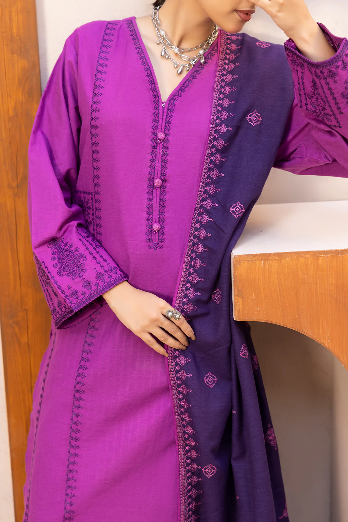 Solid Embroidered Slub Cotton Stitched 3 Piece - Image 3