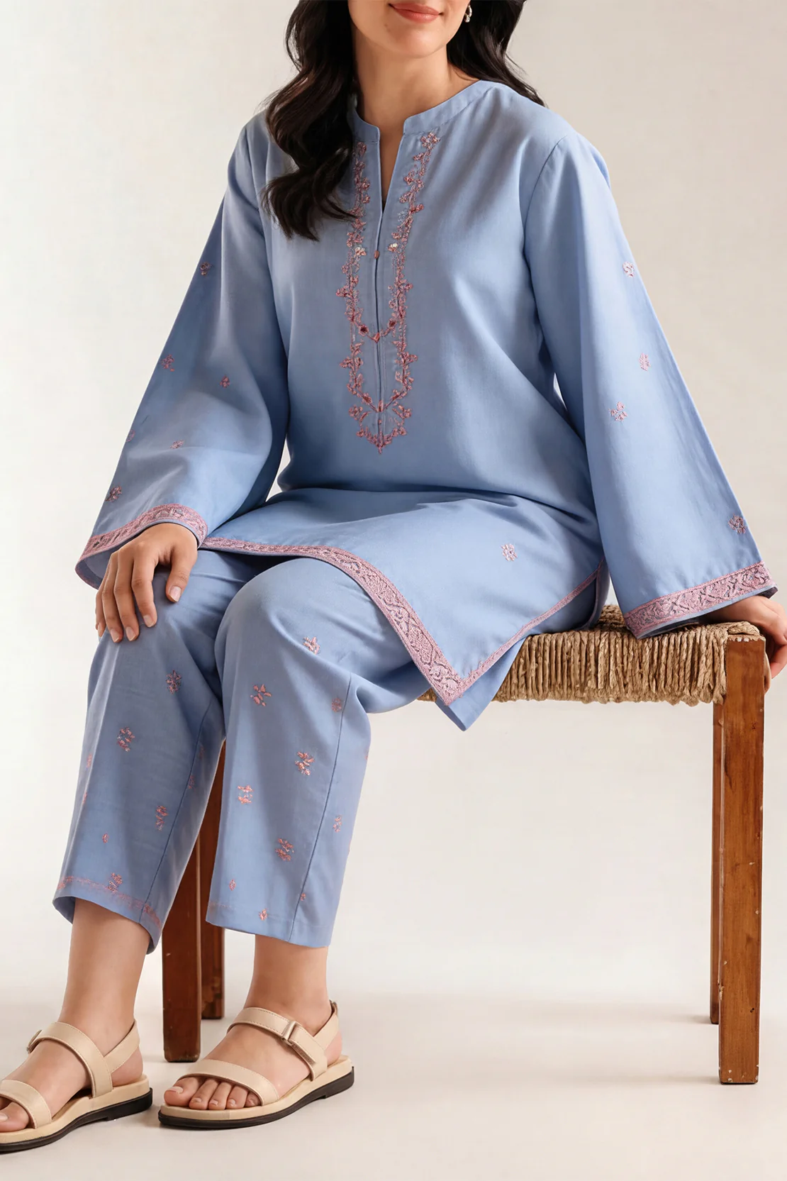Solid Embroidered Slub Viscose Stitched Shirt