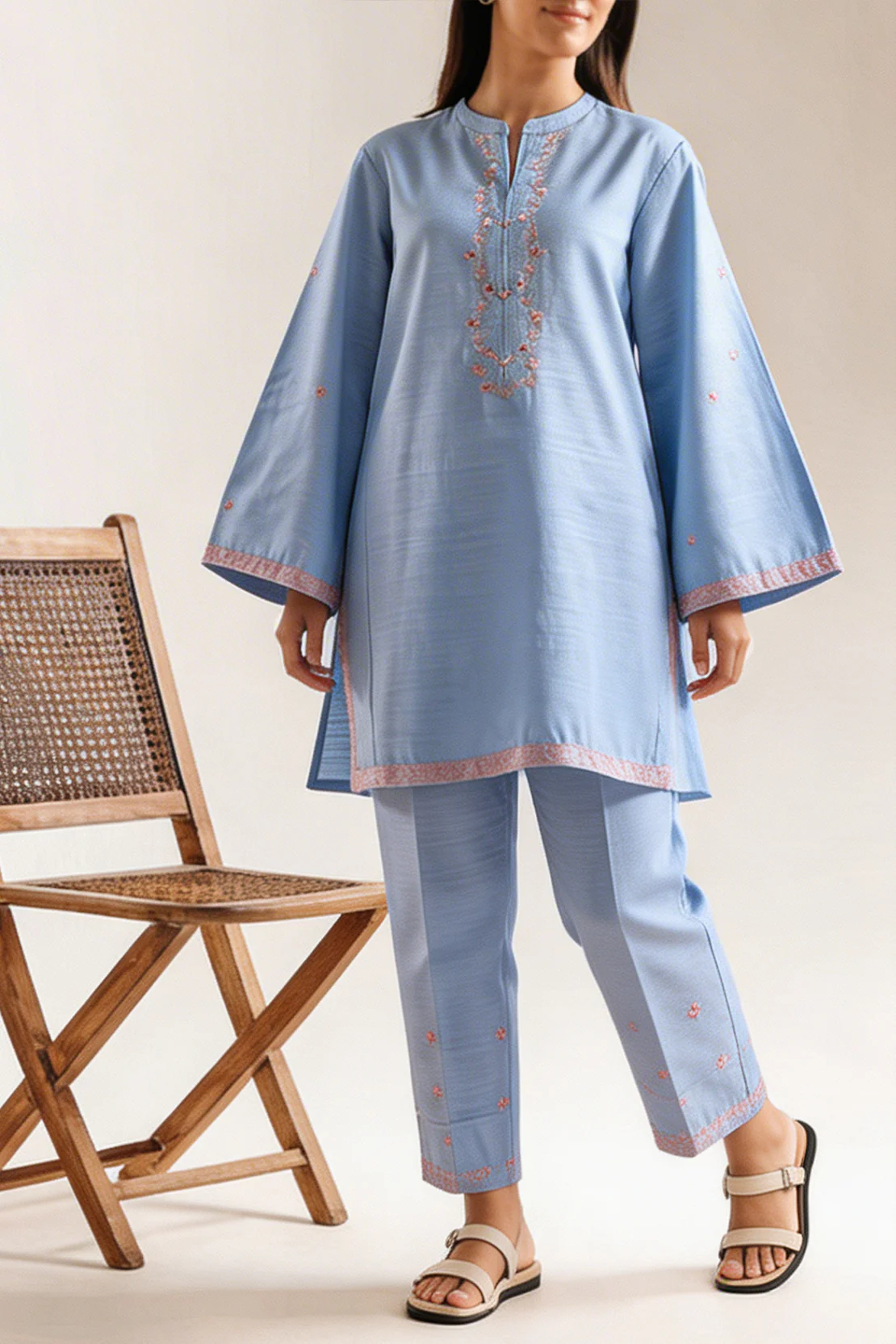 Solid Embroidered Slub Viscose Stitched Shirt - Image 2
