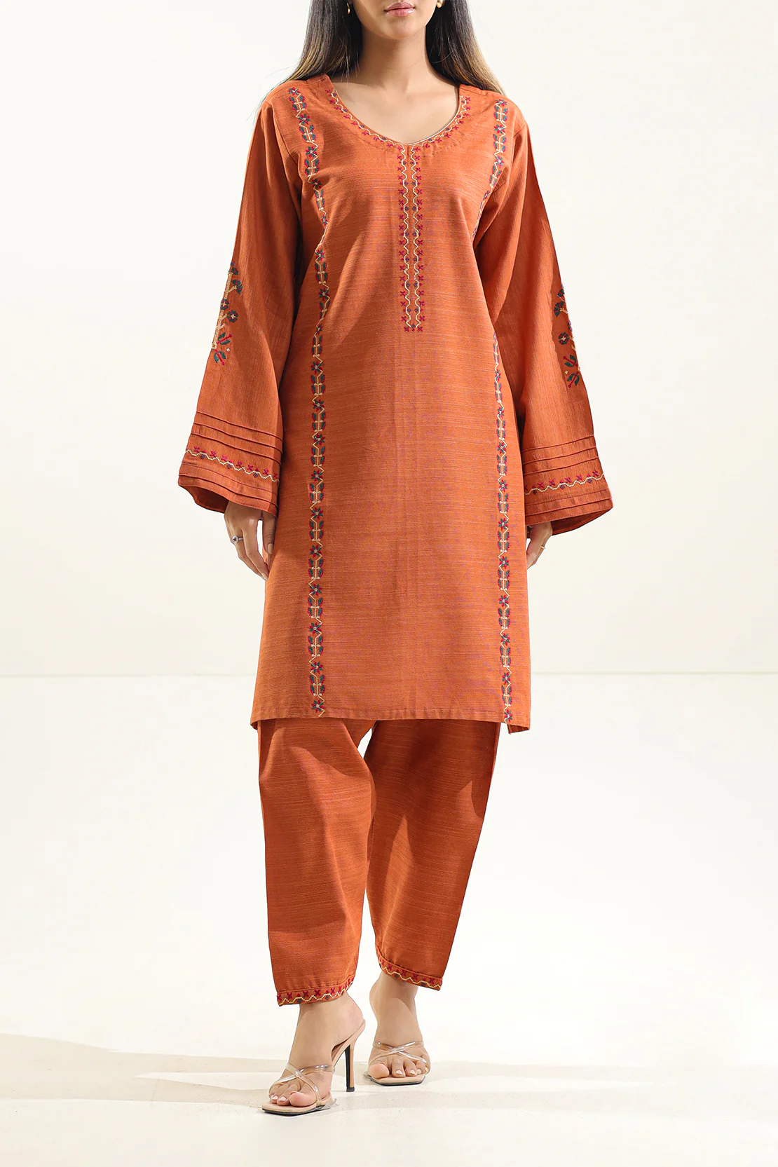 Solid Embroidered Soft Raw Silk Stitched 2 Piece (Shirt/Trouser) - Image 3