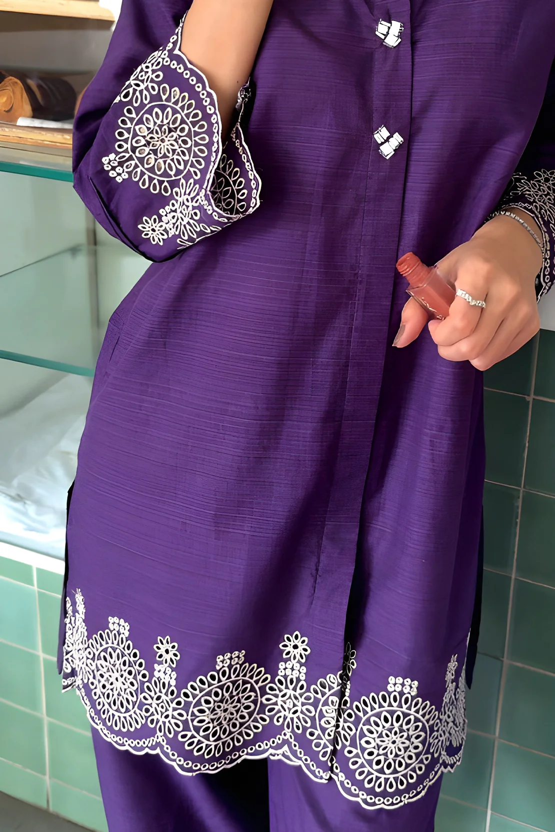 Solid Embroidered Soft Raw Silk Stitched 2 Piece (Shirt/Trouser) - Image 4
