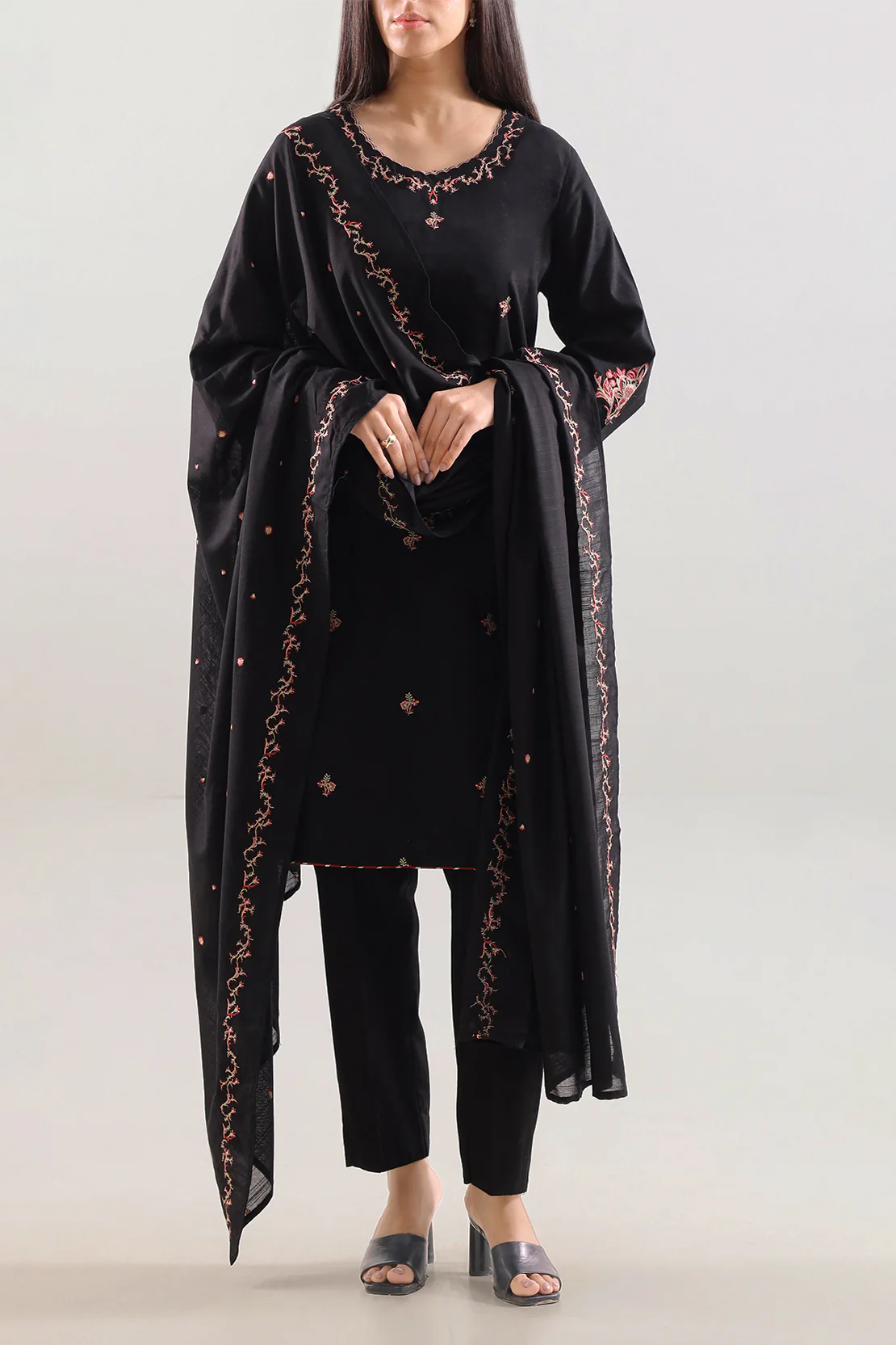 Solid Embroidered Soft Touch Cotton Stitched 3 Piece - Image 3