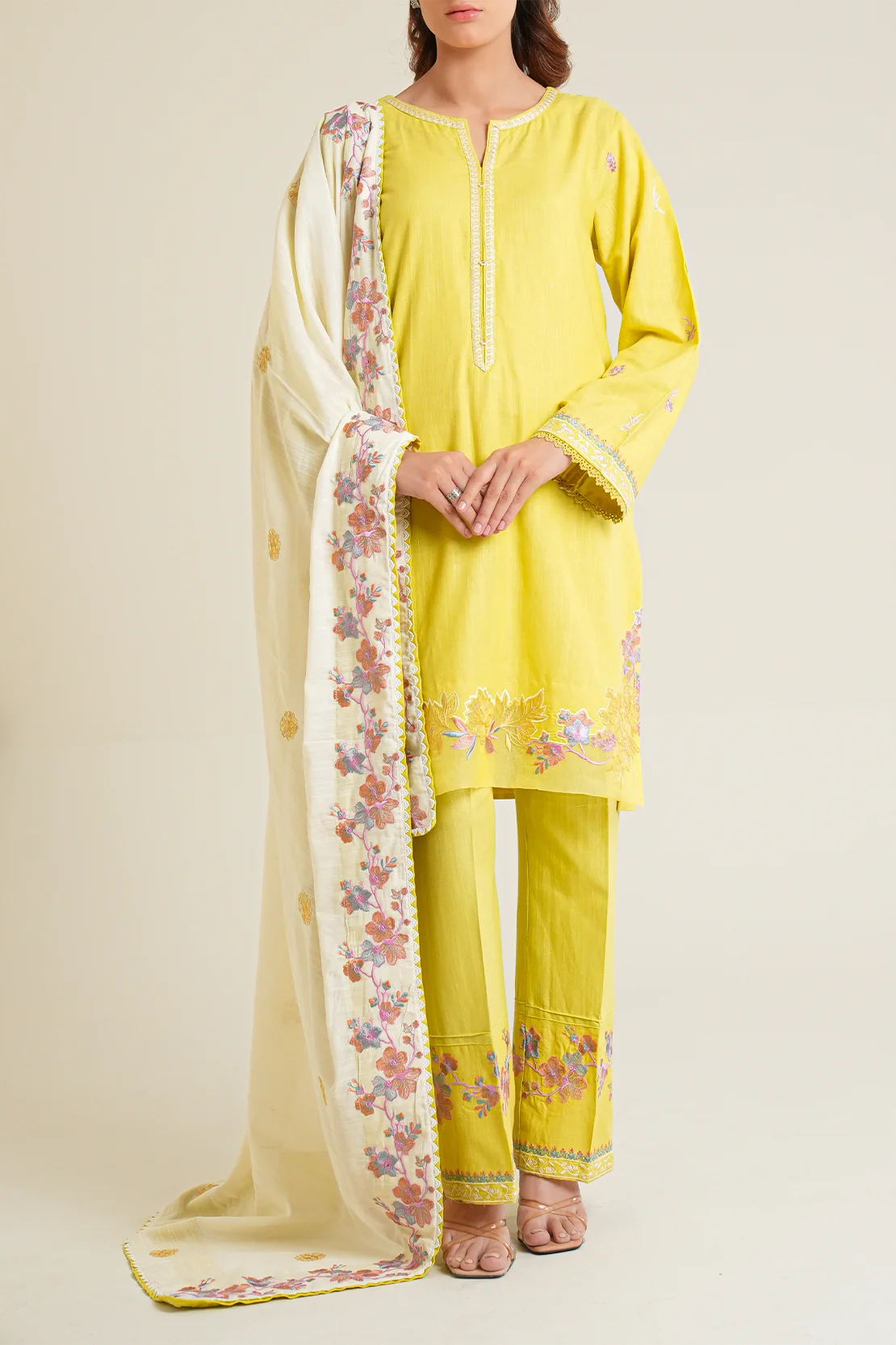 Solid Embroidered Soft Touch Cotton Stitched 3 Piece - Image 4