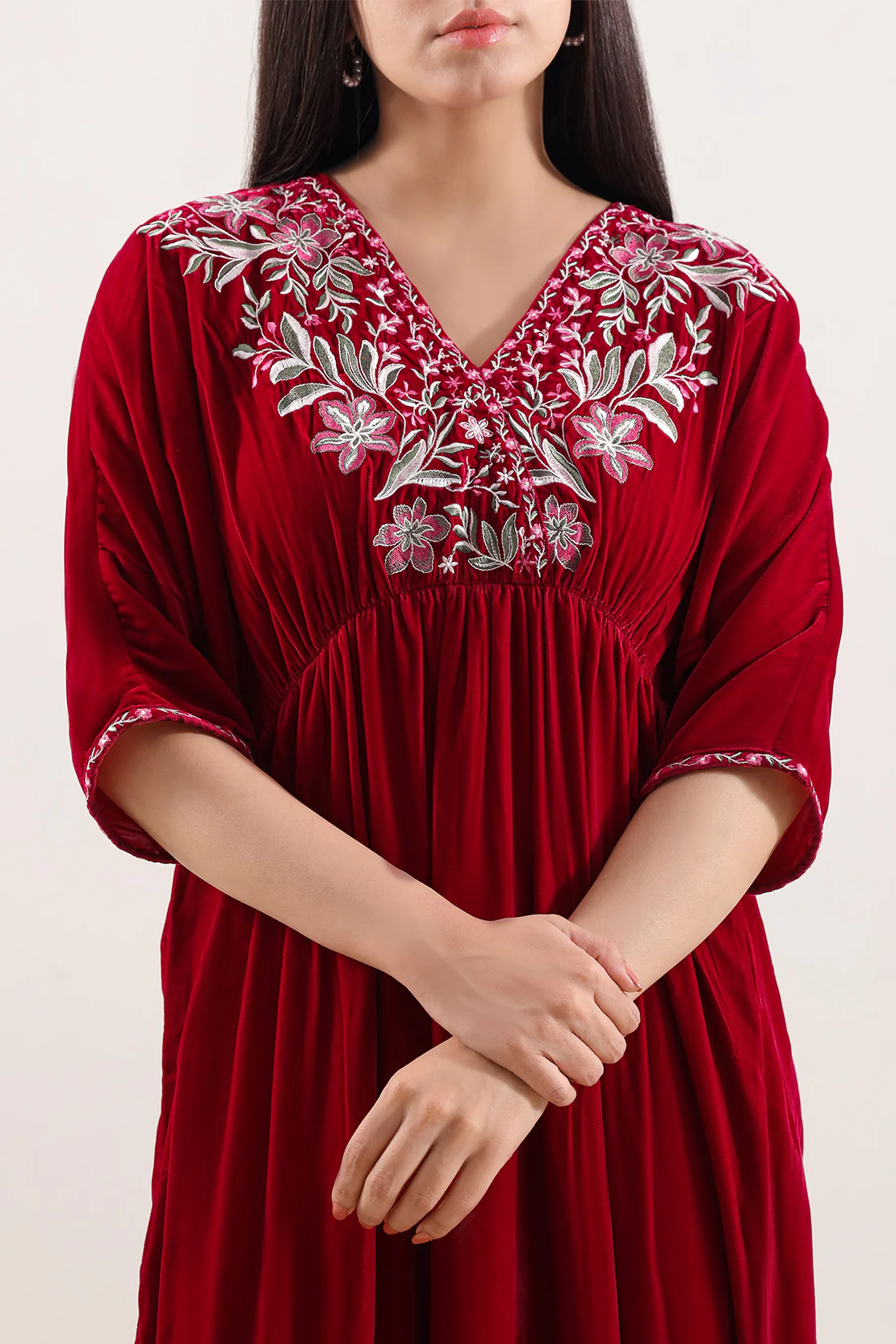 Solid Embroidered Velvet Kaftaan Stitched Shirt - Image 3