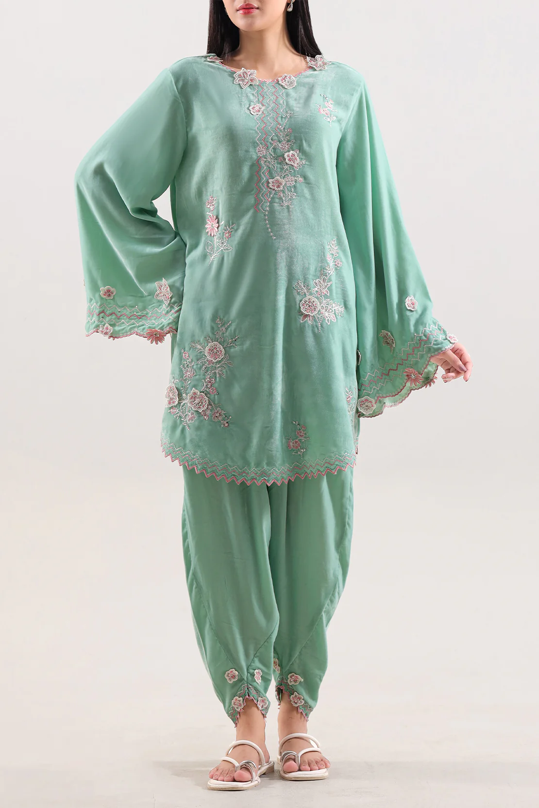 Solid Embroidered Velvet Stitched (Shirt/Trouser)