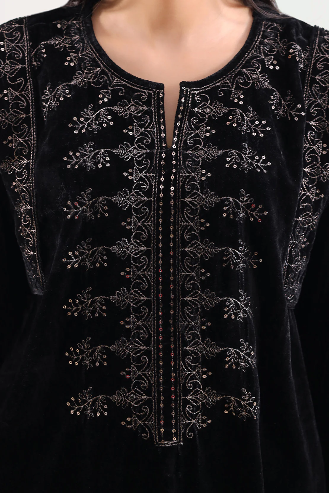 Solid Embroidered Velvet Stitched Shirt - Image 3