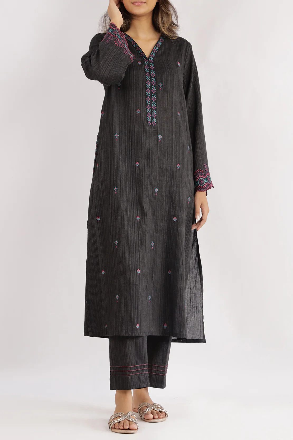 Solid Embroidered Zari Silk Touch Stitched 2 Piece (Shirt/Trouser)