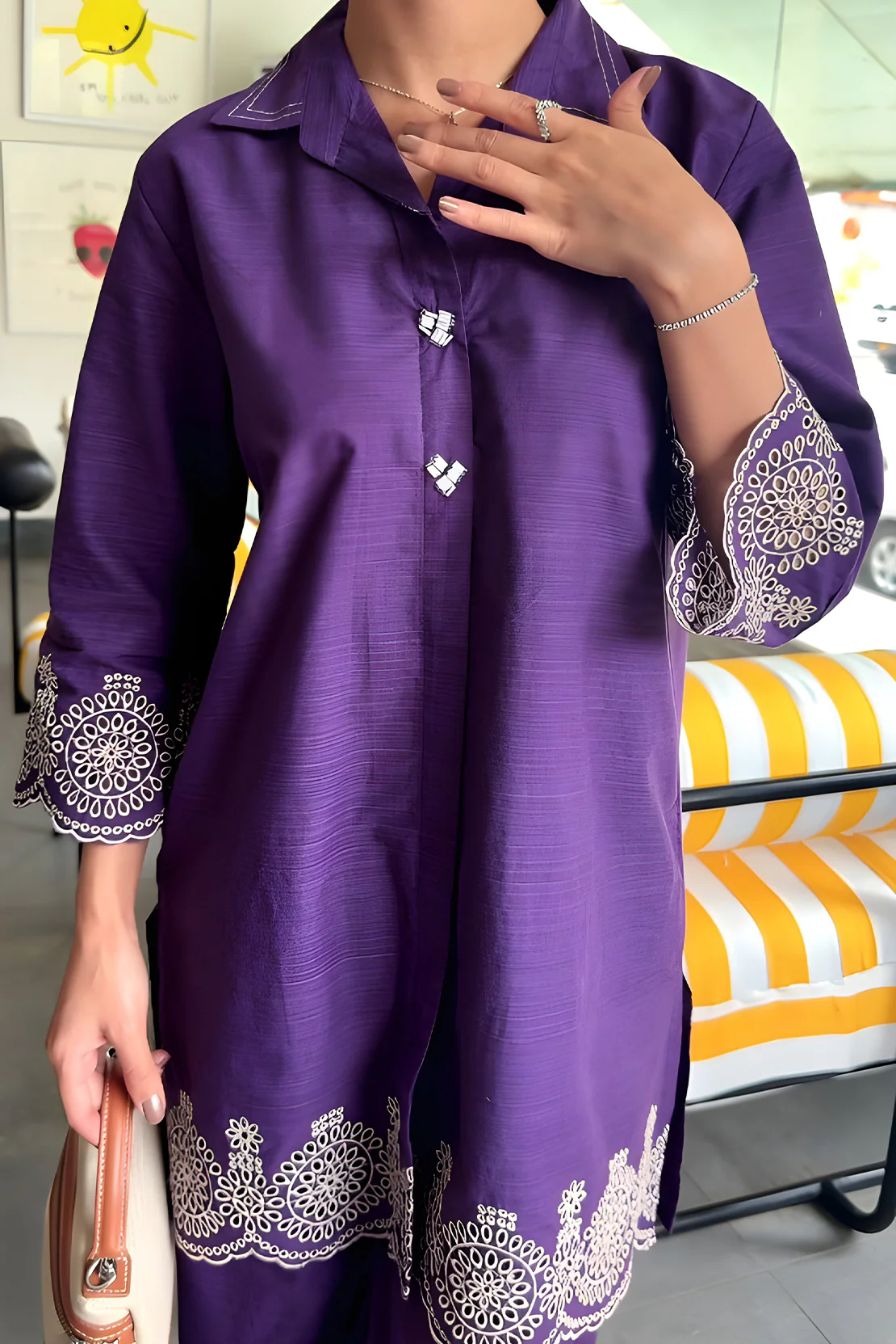 Solid Embroidery Soft Raw Silk Stitched Shirt - Image 2