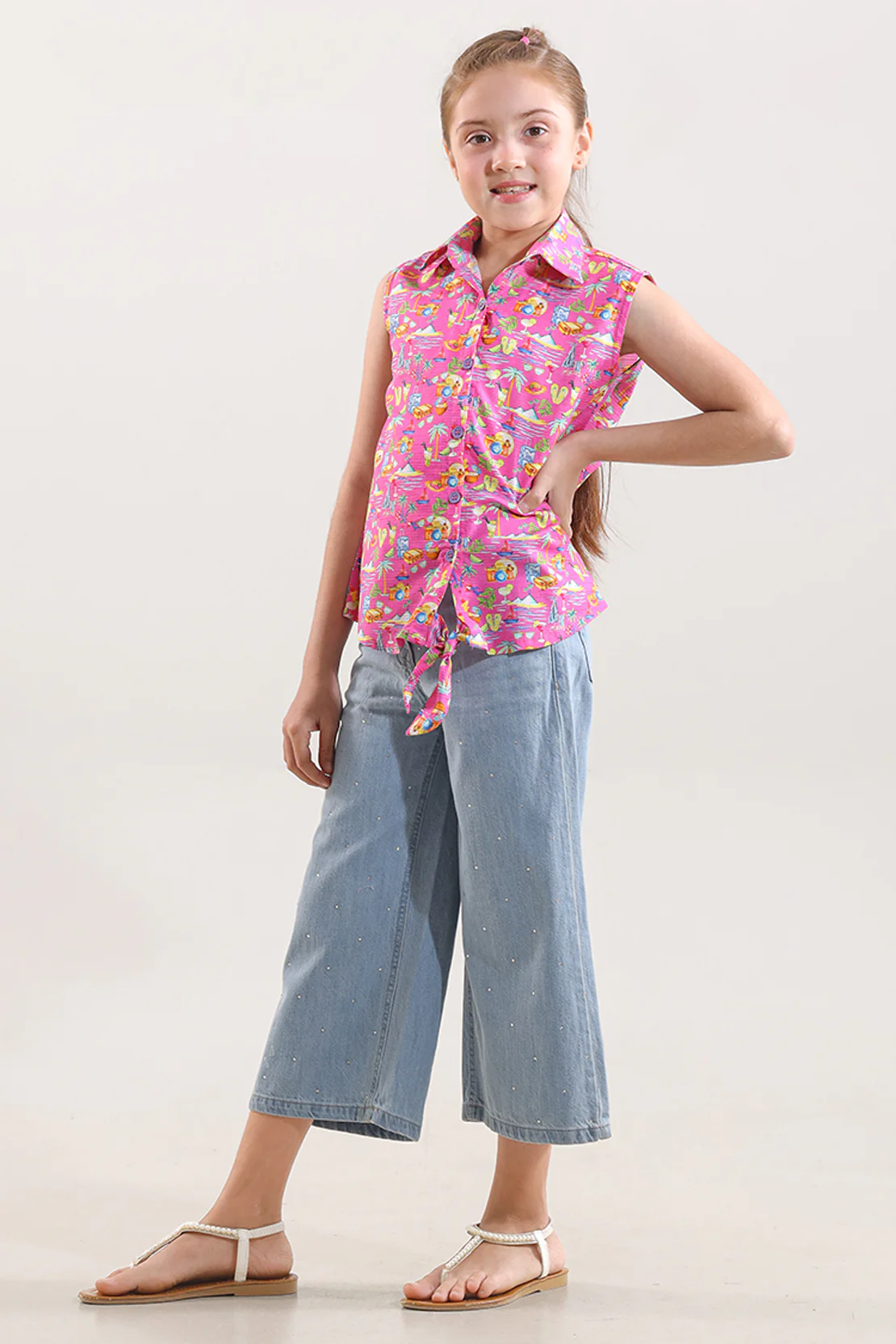 Stitched Cotton Dobby Printed Sleeveless Collared Shirt With Front Knot For Kids - Image 3