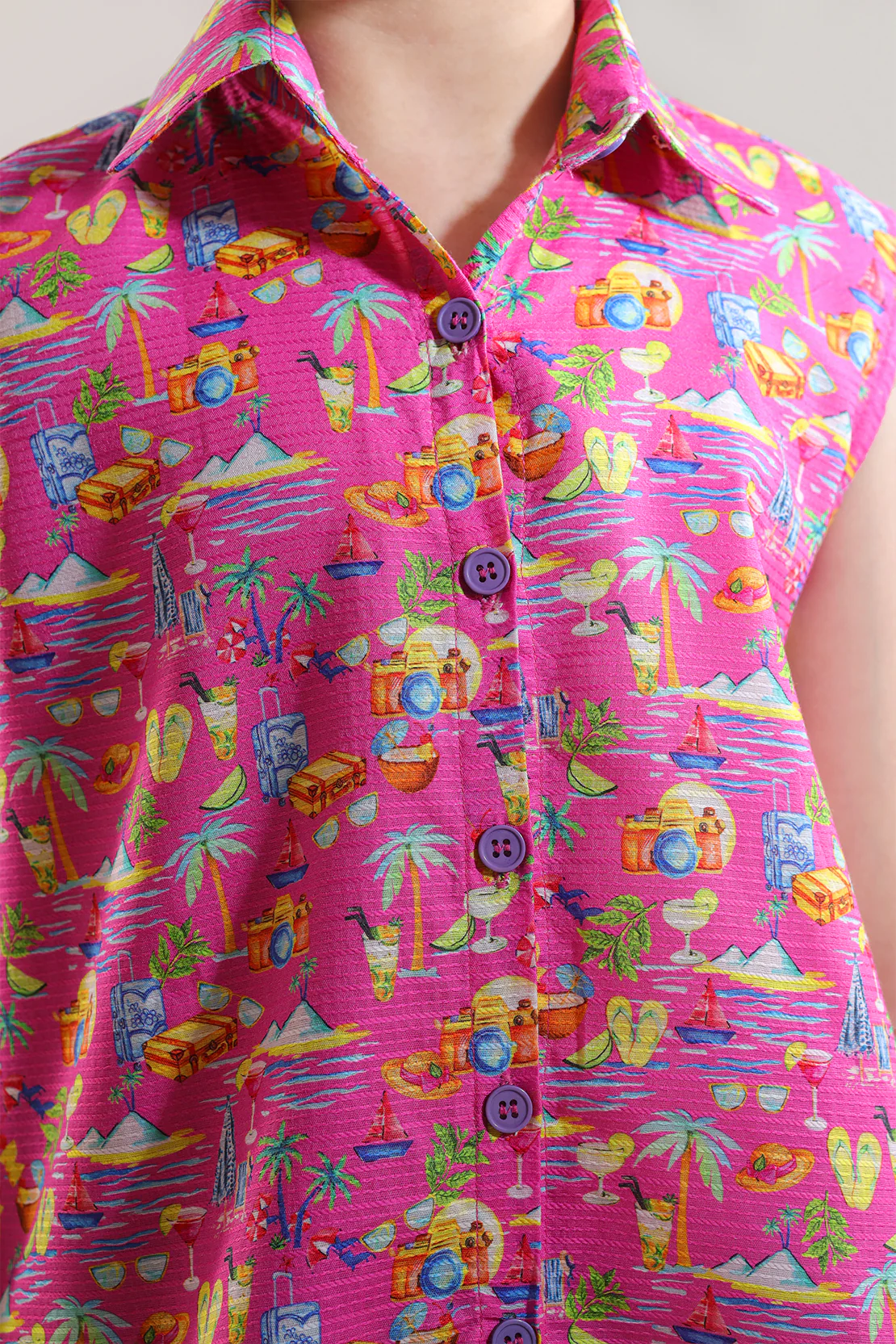Stitched Cotton Dobby Printed Sleeveless Collared Shirt With Front Knot For Kids - Image 4