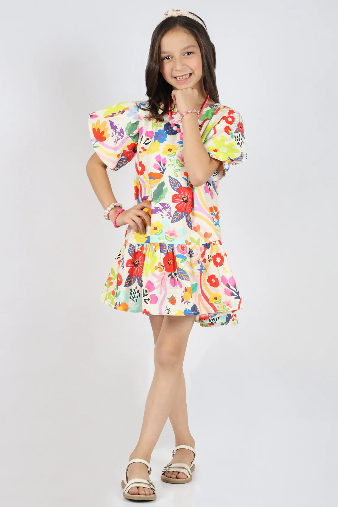 Stitched Cotton Dobby Sleeveless Tier Panel Floral Dress For Kid'S - Image 3