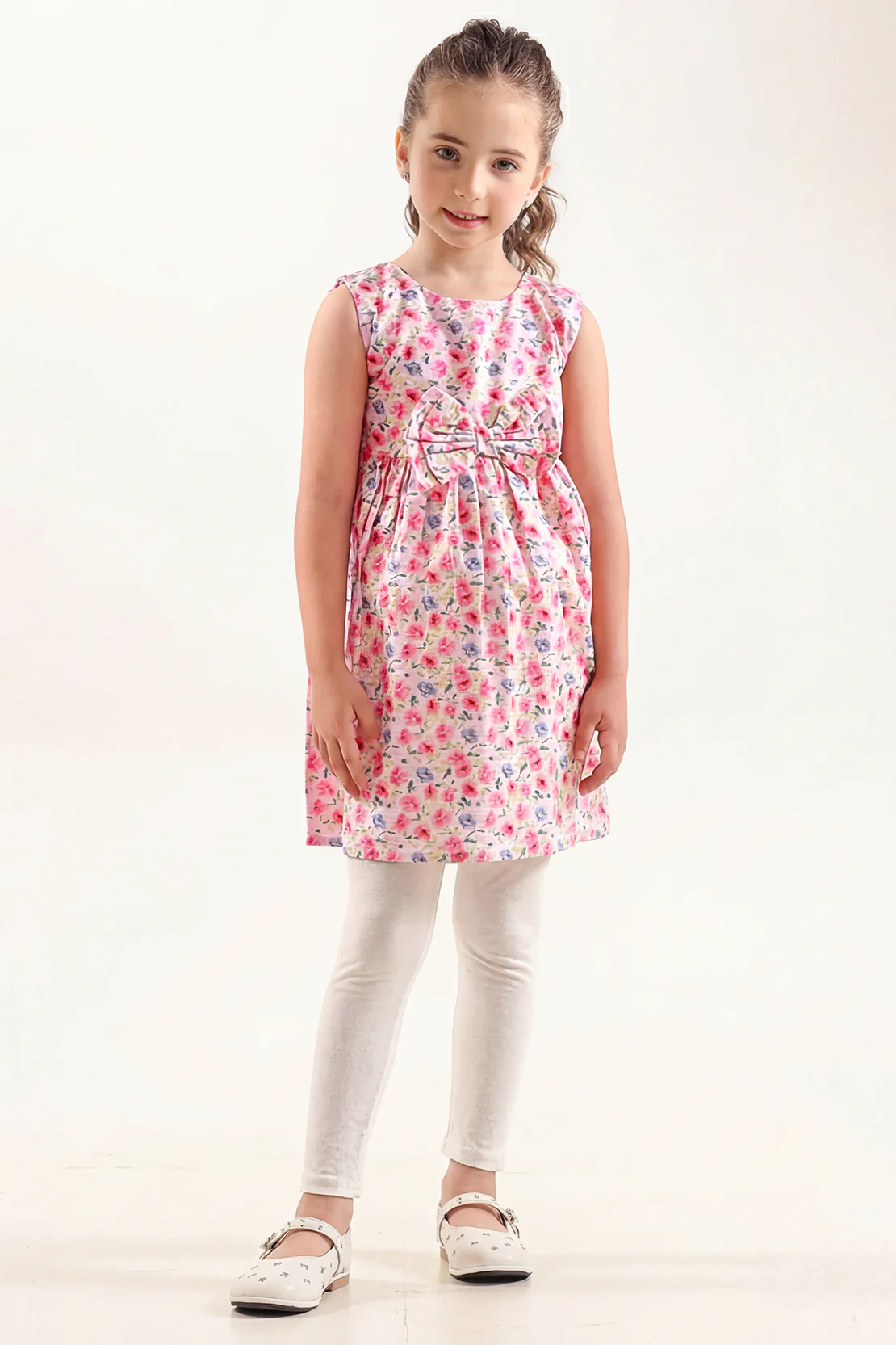 Stitched Cotton Dobbybasic Cut Frock With A Bow For Kids - Image 2