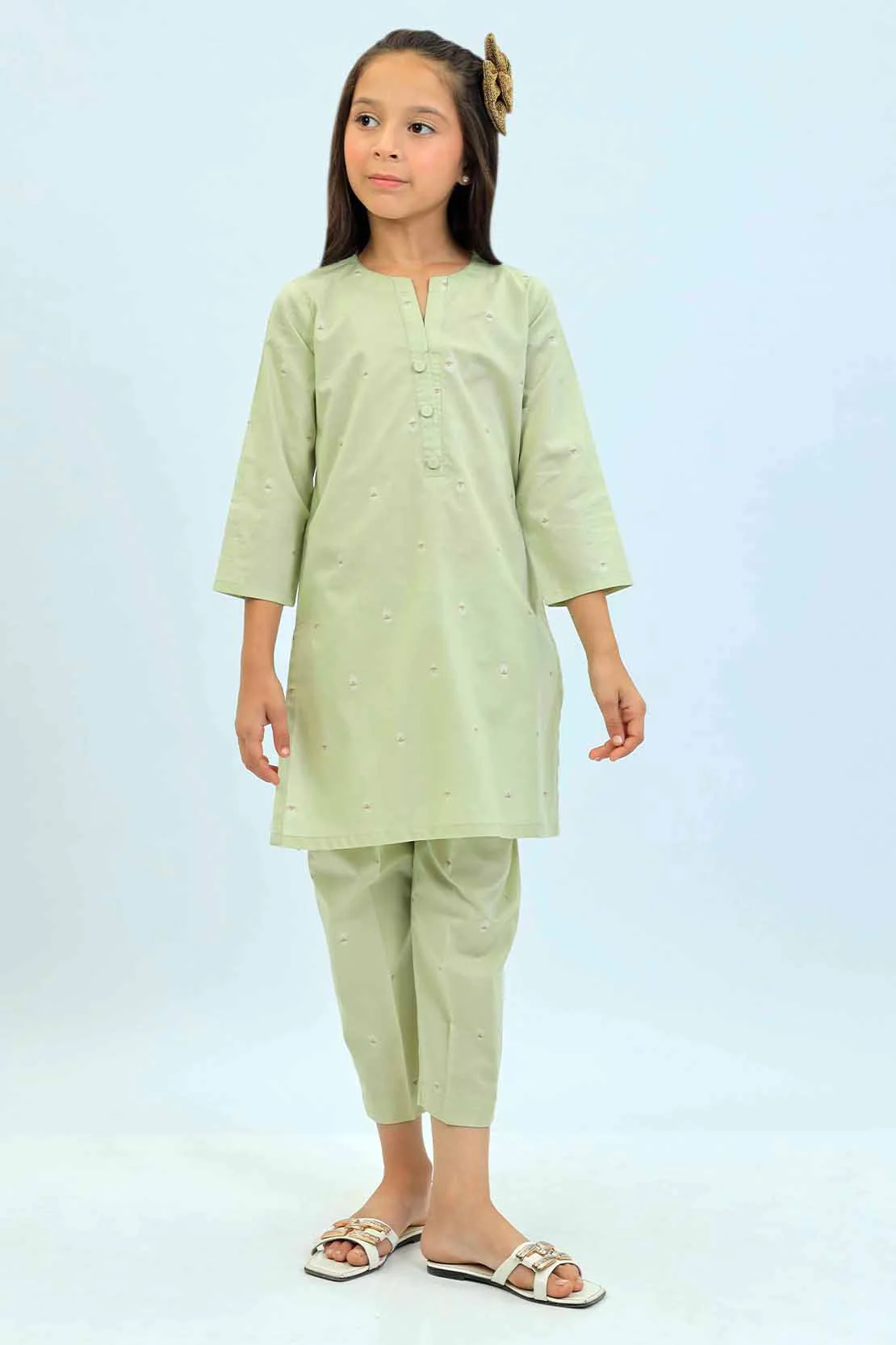 Stitched Cotton Jacquard Shirt/Trouser For Kids