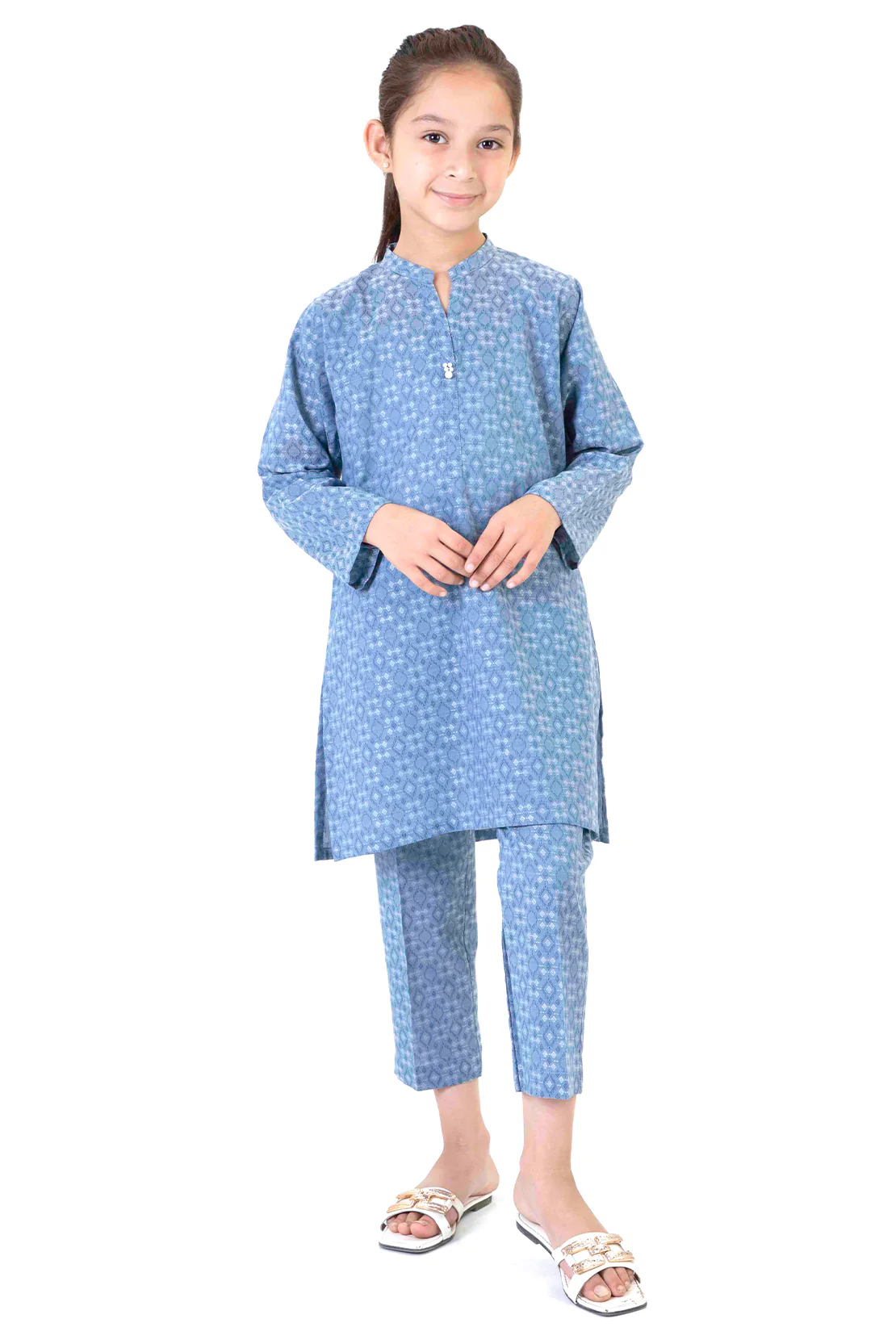 Stitched Cotton Jacquard Shirt/Trouser For Kids