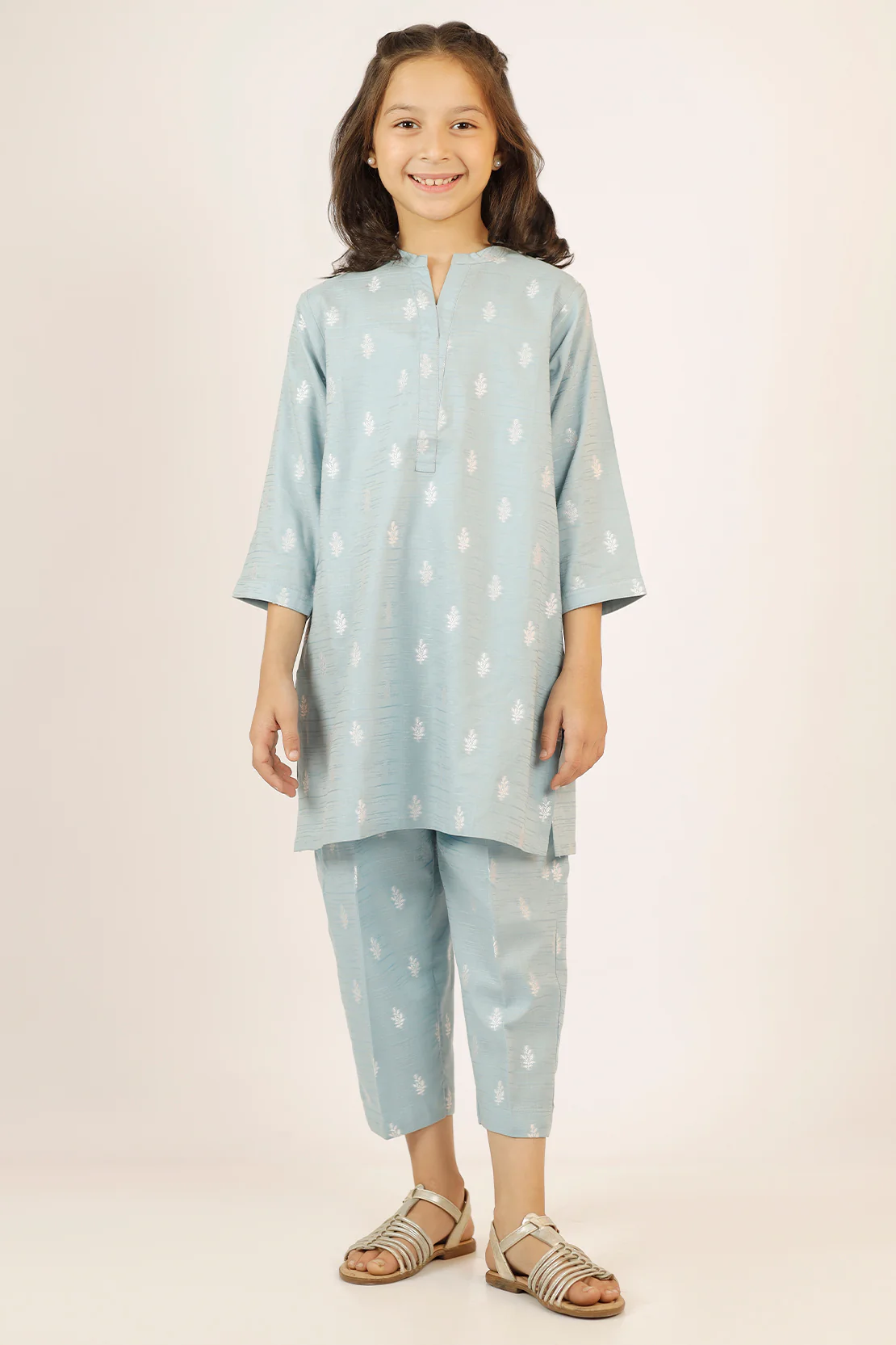 Stitched Cotton Jacquard Shirt/Trouser For Kids