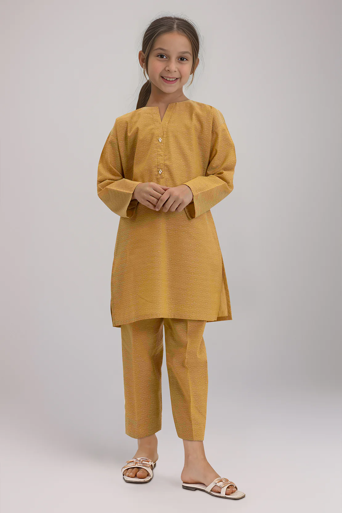 Stitched Cotton Jacquard Shirt/Trouser For Kids