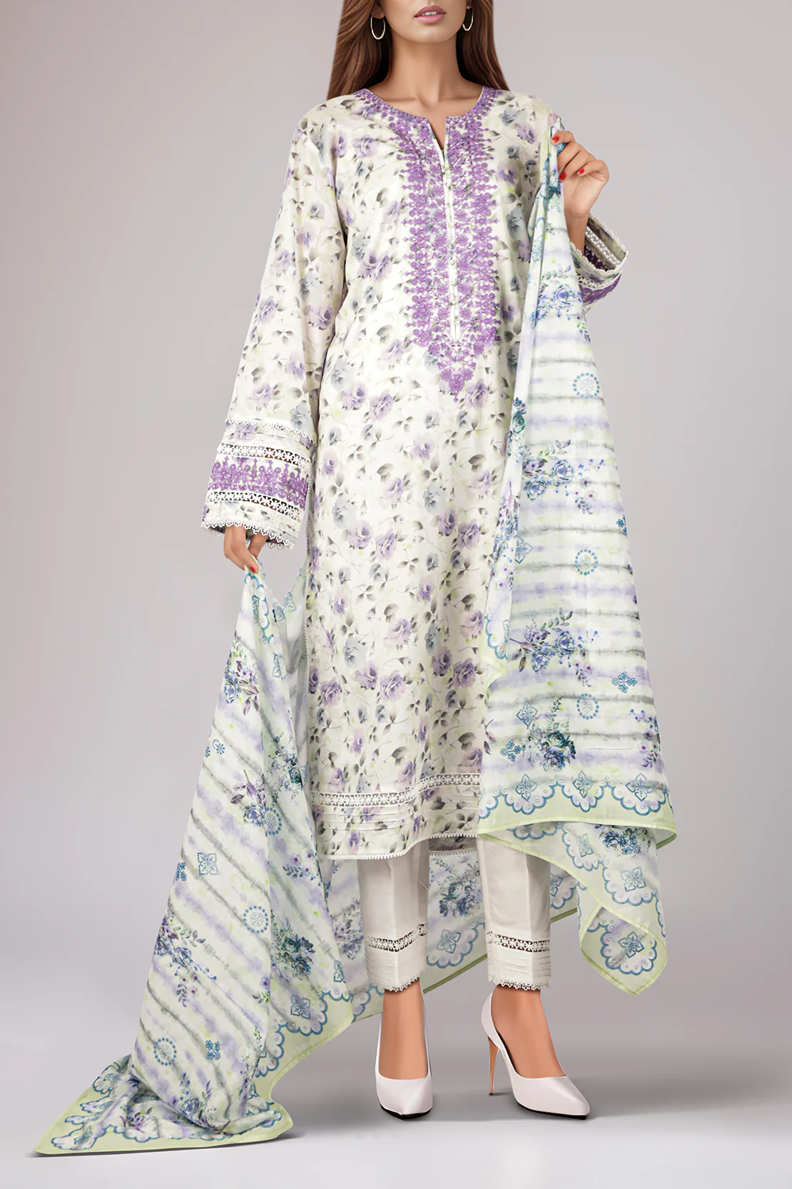 Stitched Embroidered Lawn Shirt - Image 3