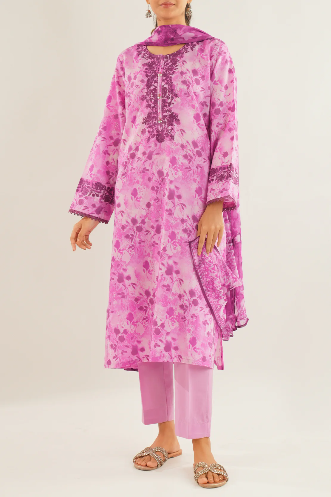 Stitched Printed Embroidered Lawn 3 Piece With Chiffon Dupatta - Image 2