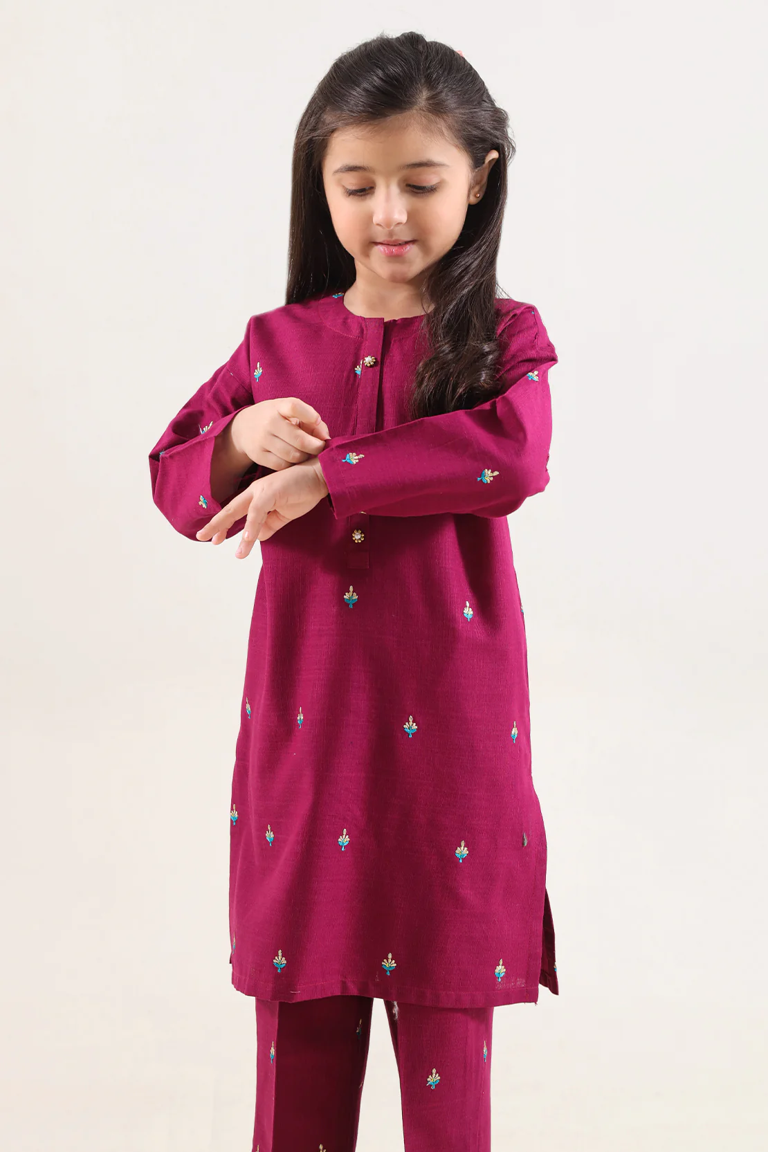 Stitched Solid Embroidered Cross Hatch Shirt/trouser For Kids - Image 2
