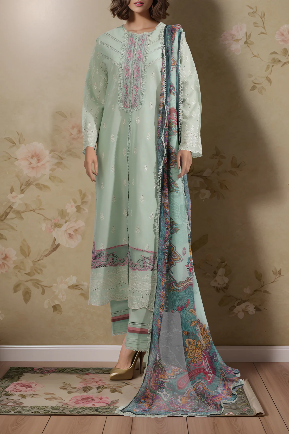 Unstitched  Embroidered Cambric 2 Piece (Shirt/Dupatta) - Image 2