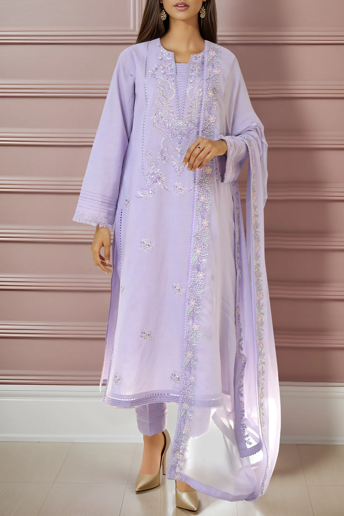 Unstitched Embroidered Cambric 3 Piece with Chiffon Dupatta - Image 2