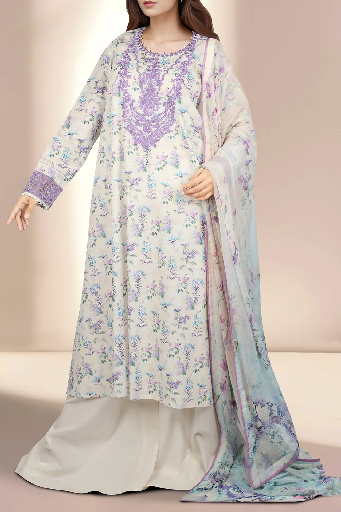 Unstitched Embroidered Lawn 3 Piece With Chiffon Dupatta