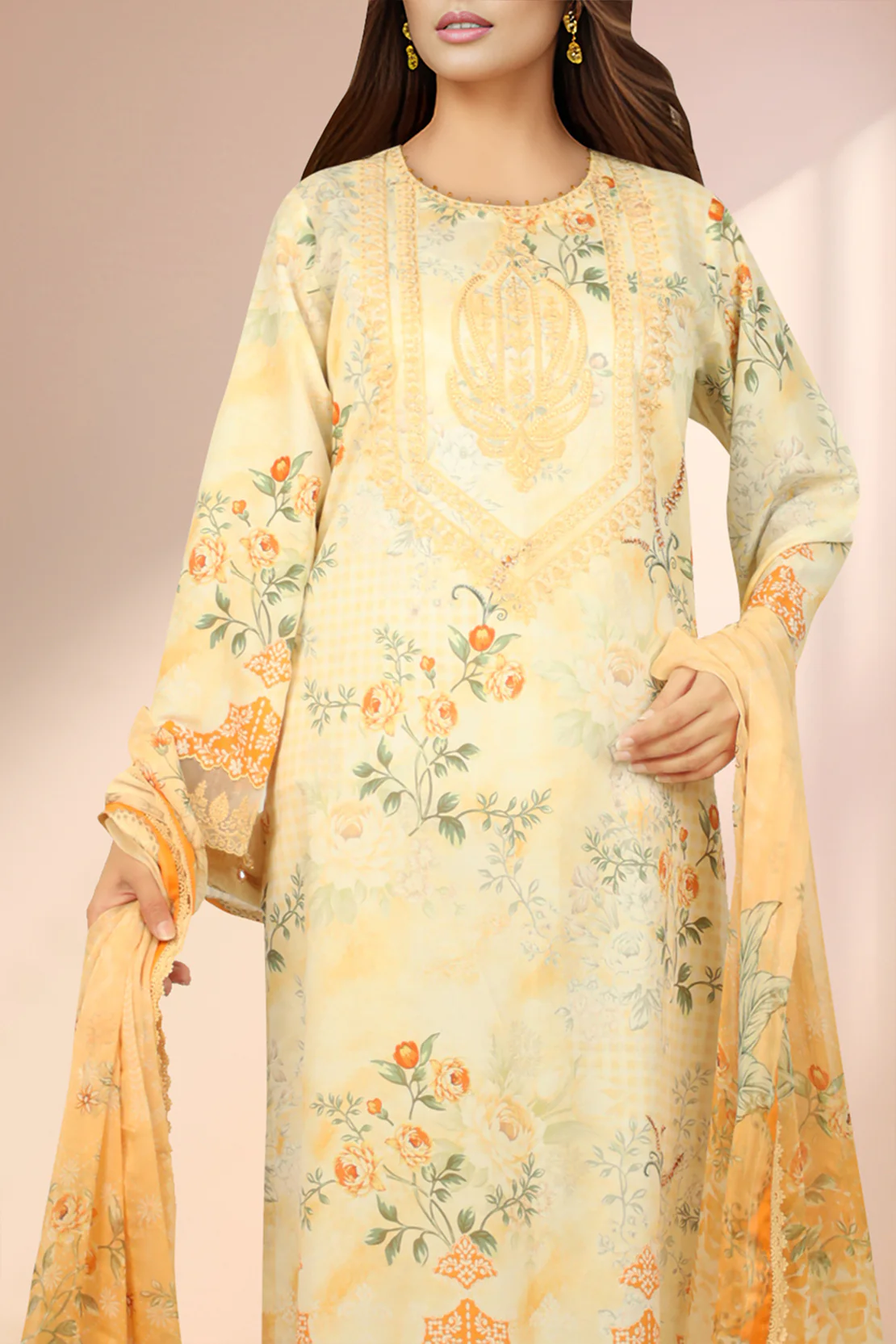 Unstitched Embroidered Lawn 3 Piece With Chiffon Dupatta
