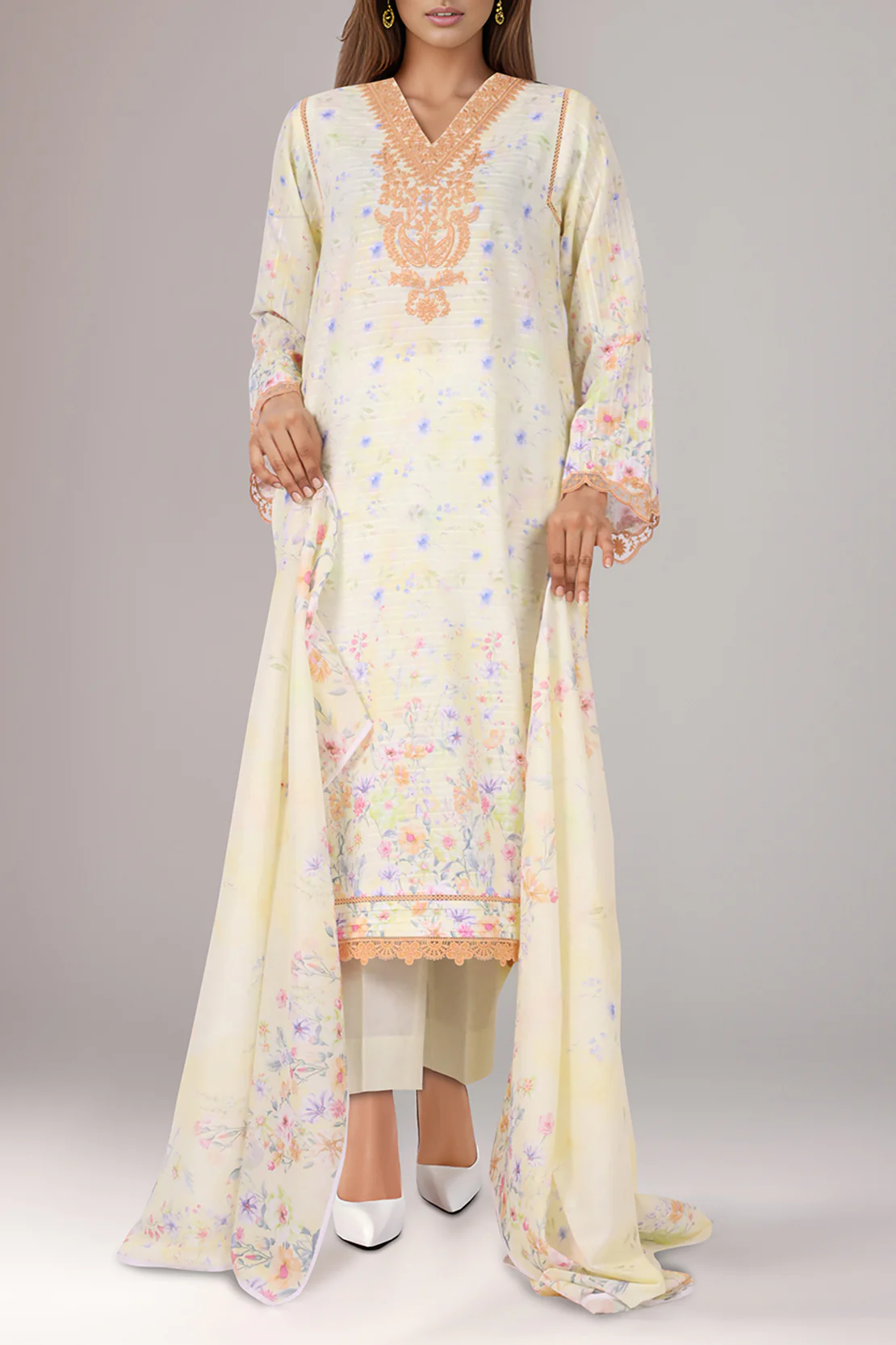 Unstitched Embroidered Self Jacquard 3 Piece With Chiffon Dupatta - Image 2