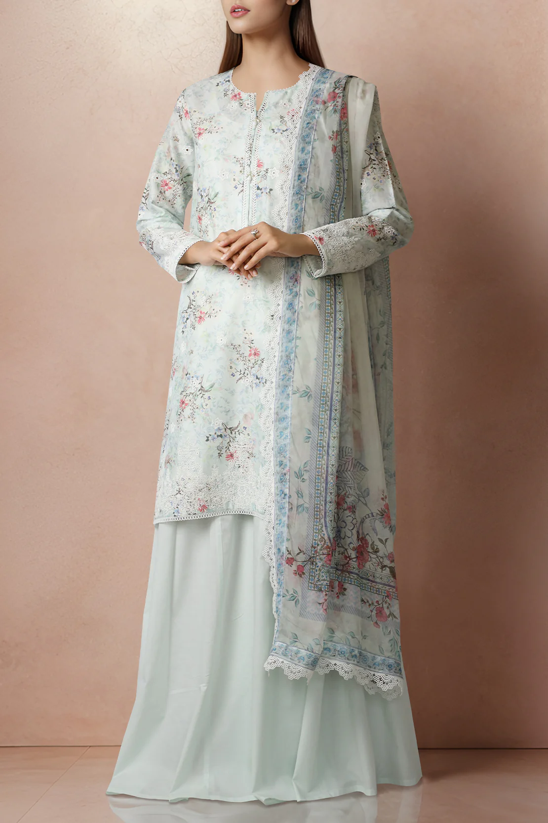 Unstitched Embroidered Self Jacquard 3 Piece With Chiffon Dupatta - Image 2