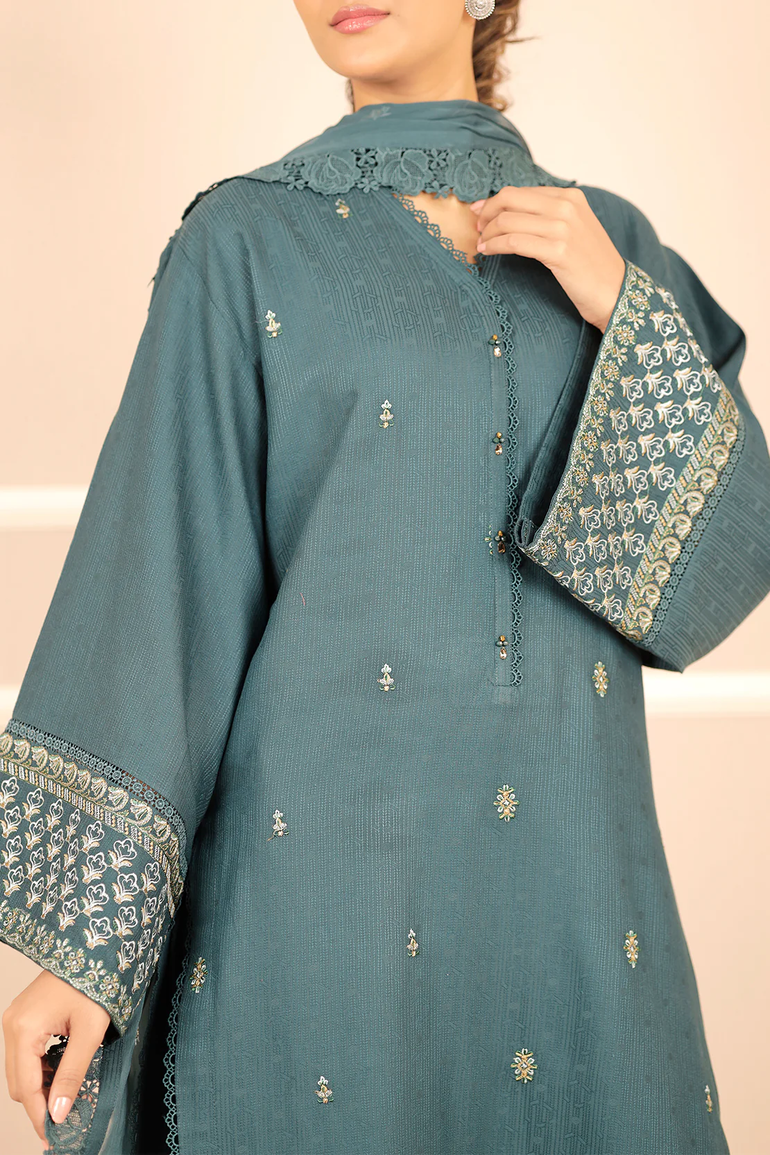 Unstitched Embroidered Self Jacquard 3 Piece with Chiffon Dupatta - Image 2