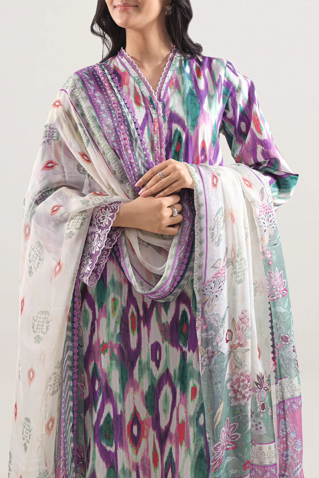 Unstitched Printed Embroidered Cotton Tencel 3 Piece With Chiffon Dupatta - Image 4
