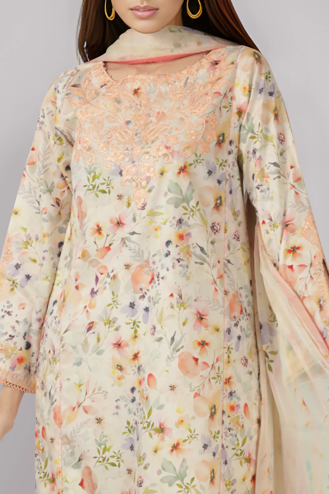 Unstitched Printed Embroidered Self Jacquard 3 Piece With Chiffon Dupatta - Image 3
