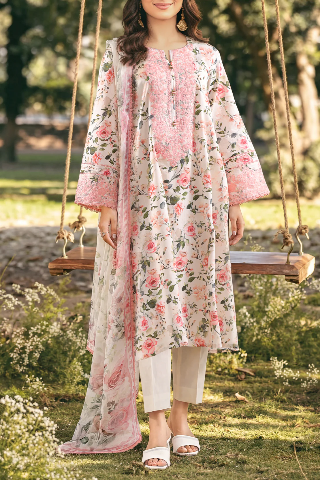 Unstitched Printed Embroidered Strip Lawn 3 Piece With Chiffon Dupatta