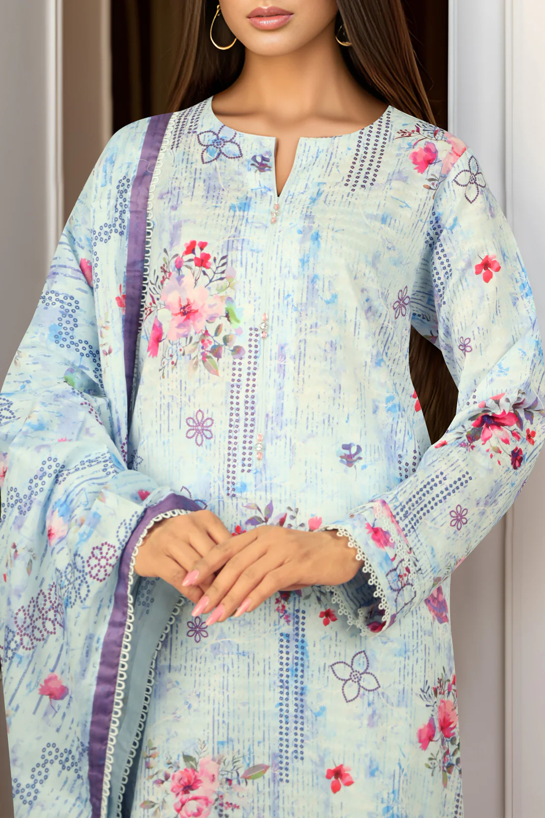 Unstitched Printed Self Jacquard 2 Piece(Shirt/Dupatta)