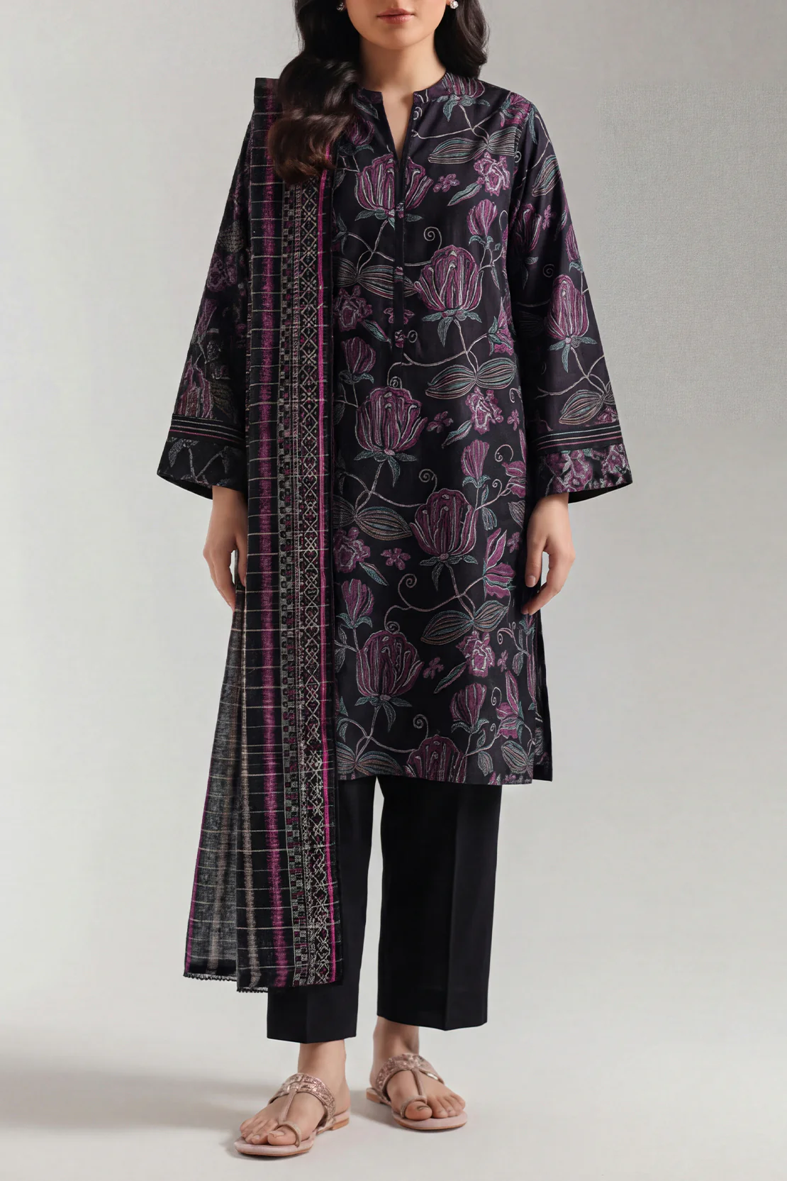 Unstitched Printed Self Strip Lawn 3 Piece - Image 2