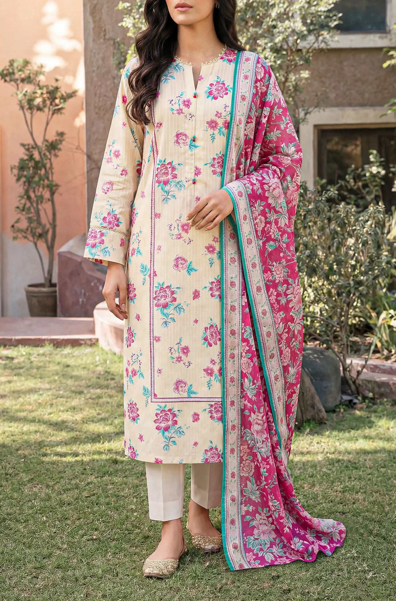 Unstitched Printed Self Strip Lawn 3 Piece