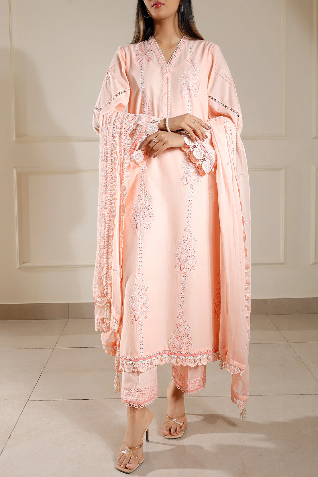 Unstitched Solid+Embroidered Cambric 3 Piece With (Chiffon Dupatta) - Image 3