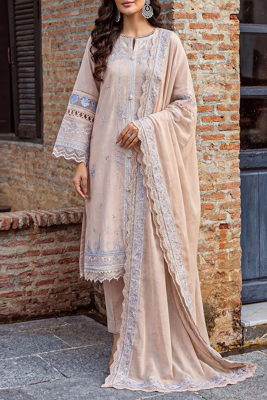 Unstitched Solid Embroidered Cambric 3 Piece With Chiffon Dupatta