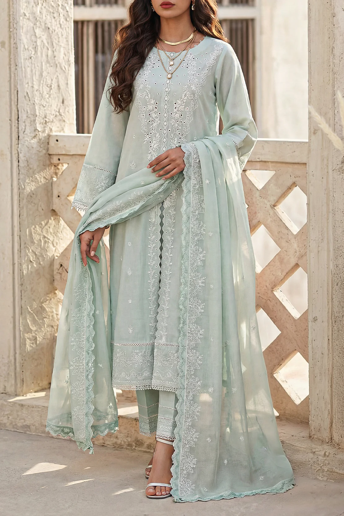 Unstitched Solid+Embroidered Cambric 3 Piece With (Chiffon Dupatta)
