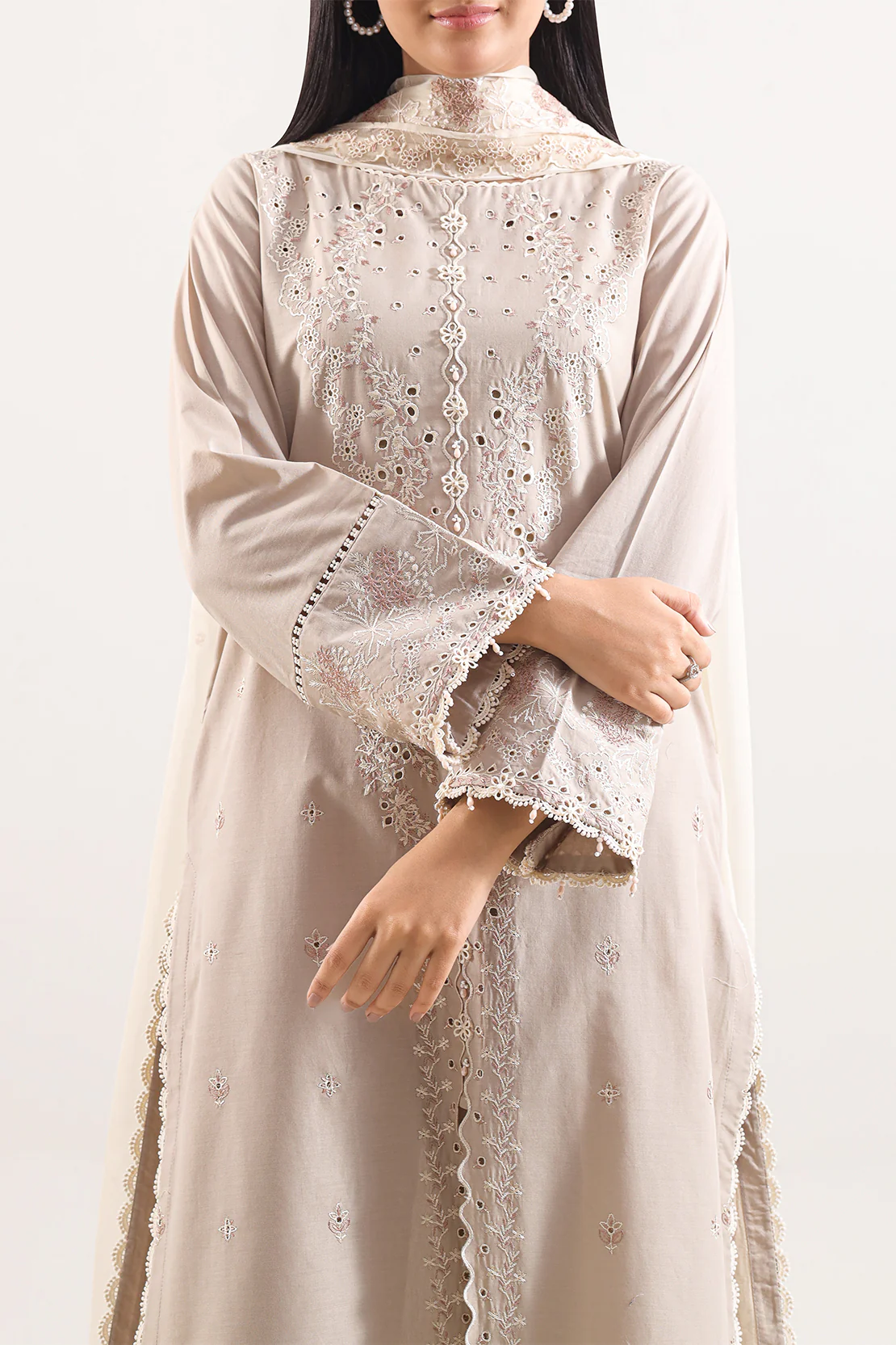Unstitched Solid+Embroidered Cambric 3 Piece With (Chiffon Dupatta) - Image 2