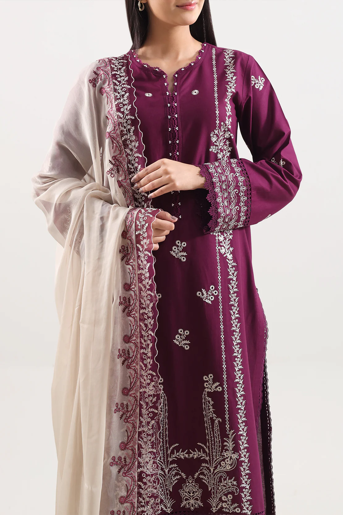 Unstitched Solid+Embroidered Cambric 3 Piece With (Chiffon Dupatta) - Image 2