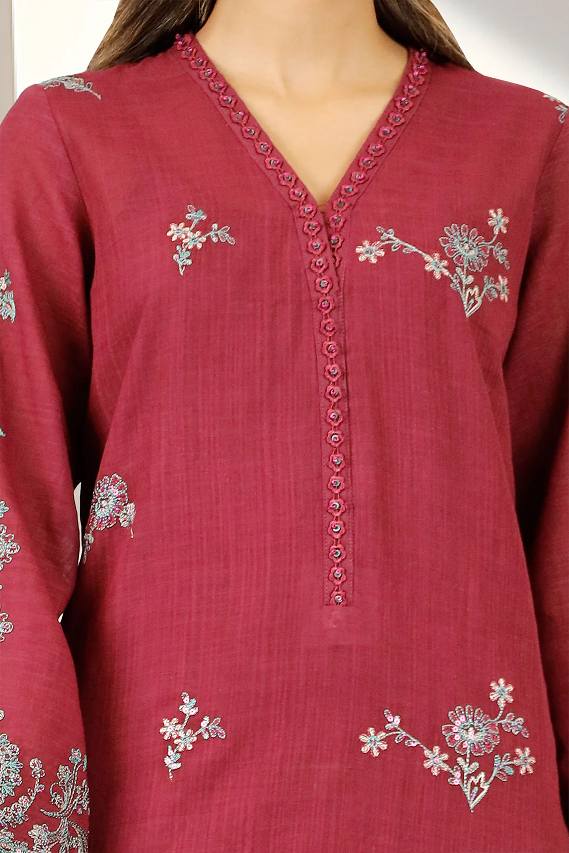 Unstitched Solid Embroidered Warm Khaddar 2 Piece (Shirt/Trouser) - Image 2