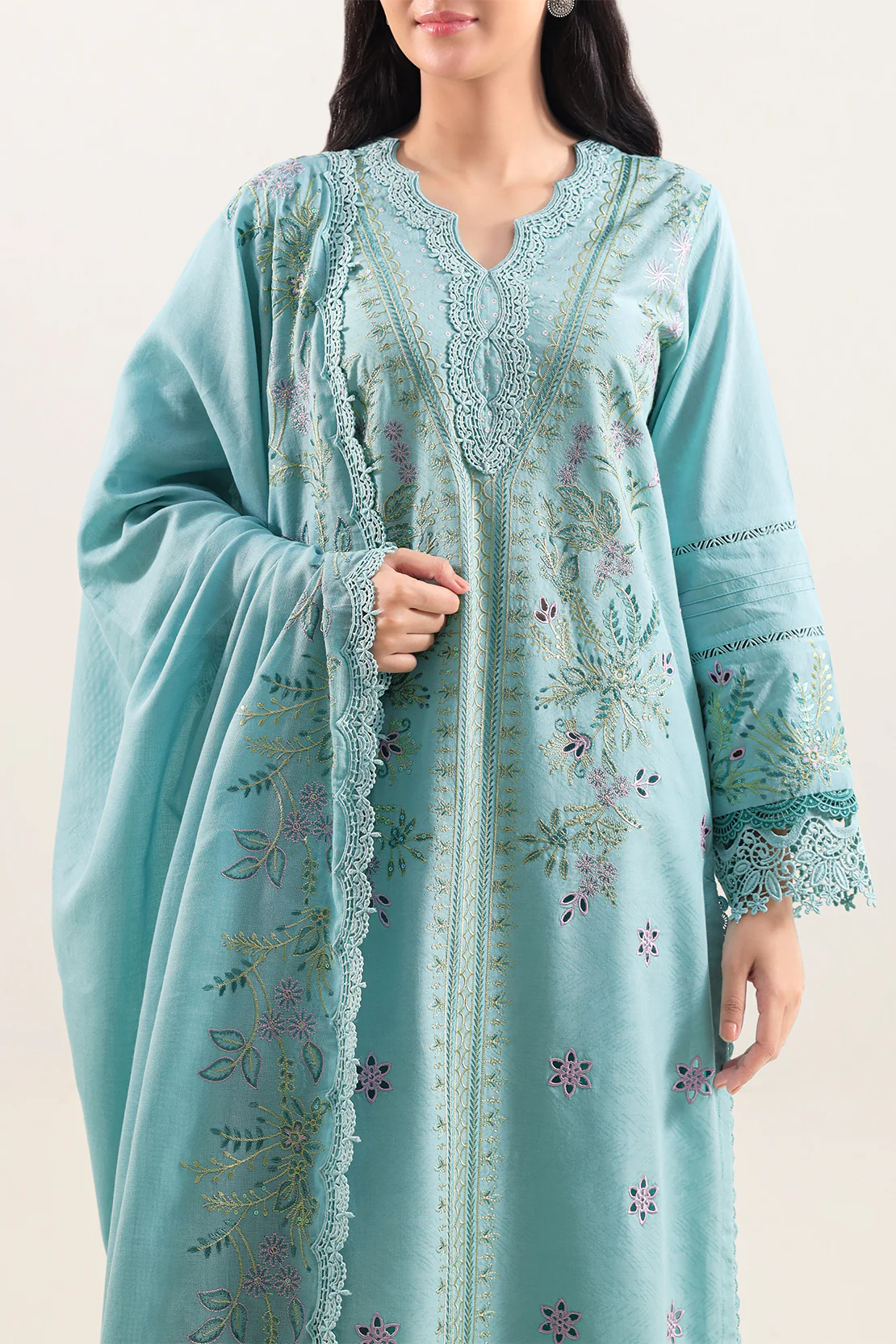Unstitched Solid Embroidered Self Jacquard 3 Piece With Cotton Net Dupatta - Image 2