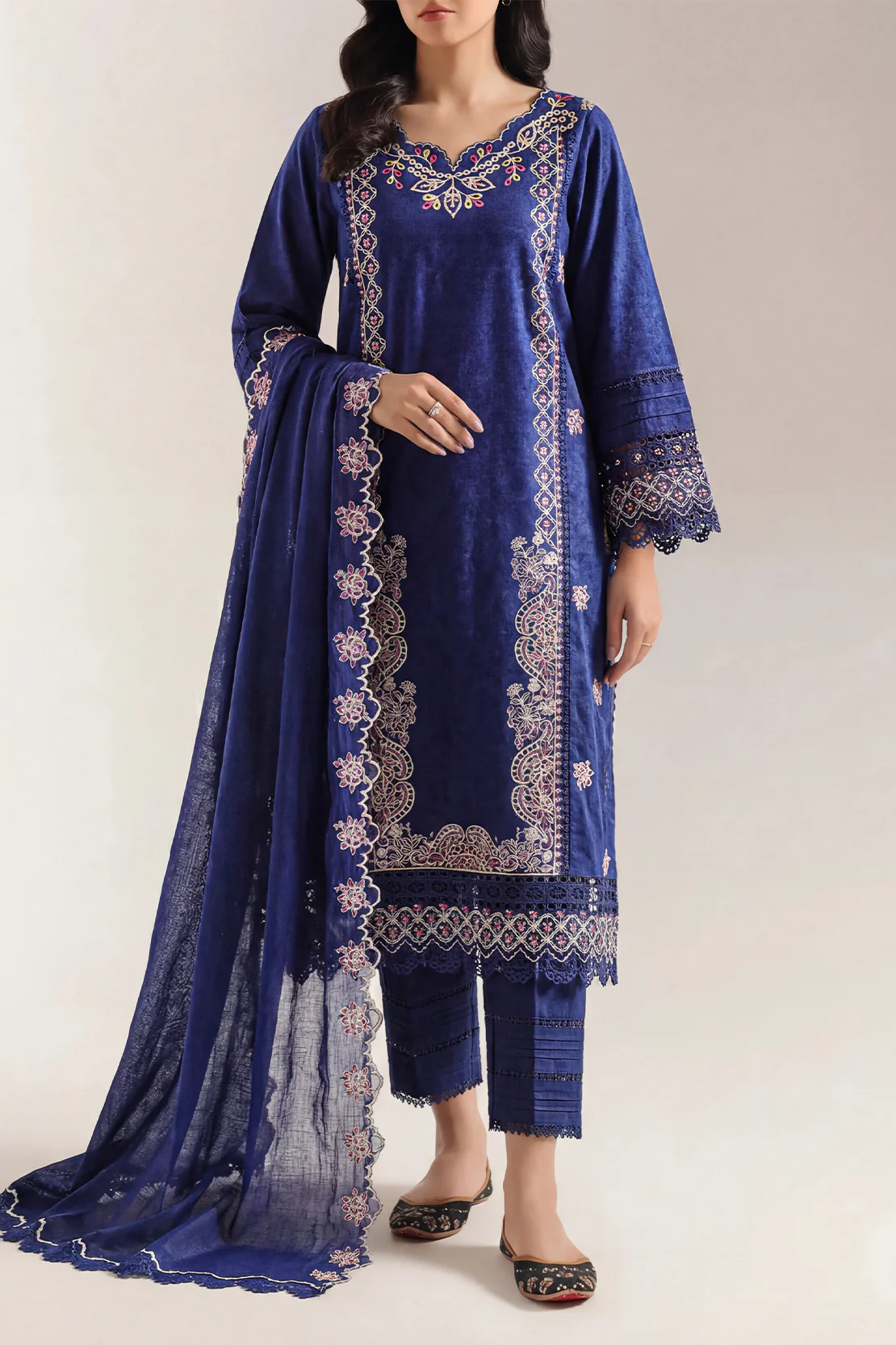 Unstitched Solid Embroidered Self Jacquard 3 Piece With Cotton Net Dupatta