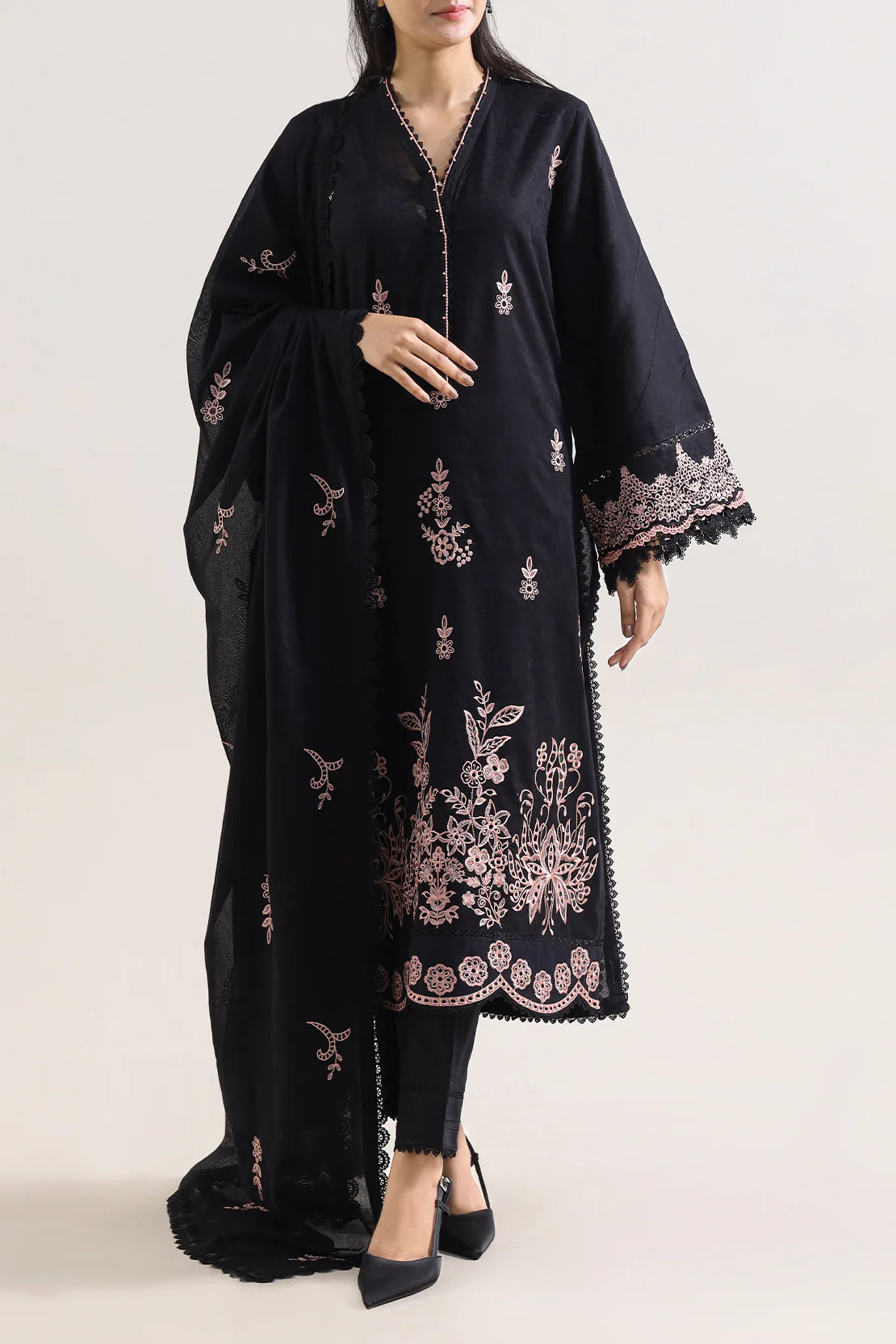 Unstitched Solid Embroidered Self Jacquard 3 Piece With Cotton Net Dupatta