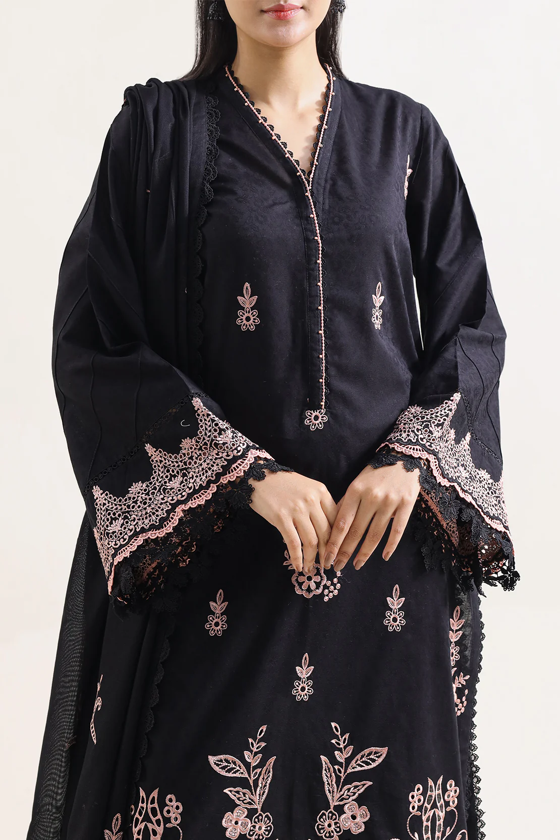 Unstitched Solid Embroidered Self Jacquard 3 Piece With Cotton Net Dupatta - Image 2